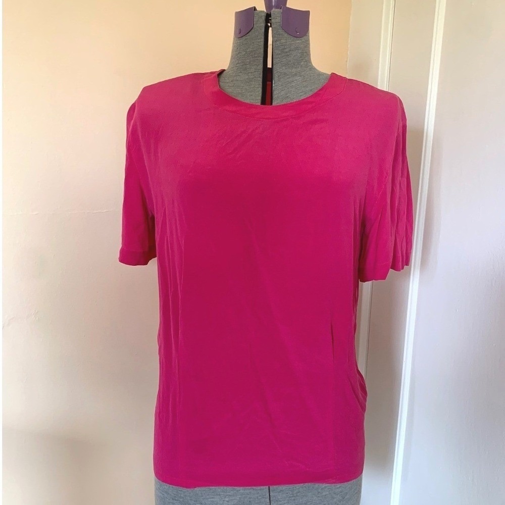 Vintage Hot Pink Short Sleeve Button Back Blouse 100% Silk Crepe Top Sz M